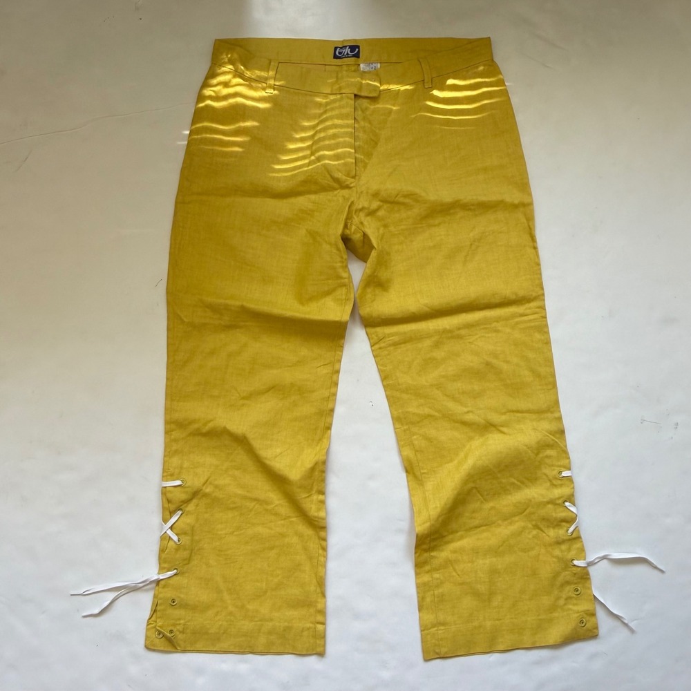 Vintage Euro Byblos Blu Linen Capri Pants Mustard Yellow Lace Up Ankle Italy 90s